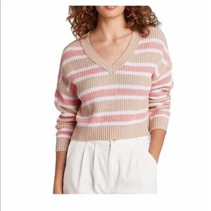 Wild Fable V- Neck Cropped Striped Sweater in Tan